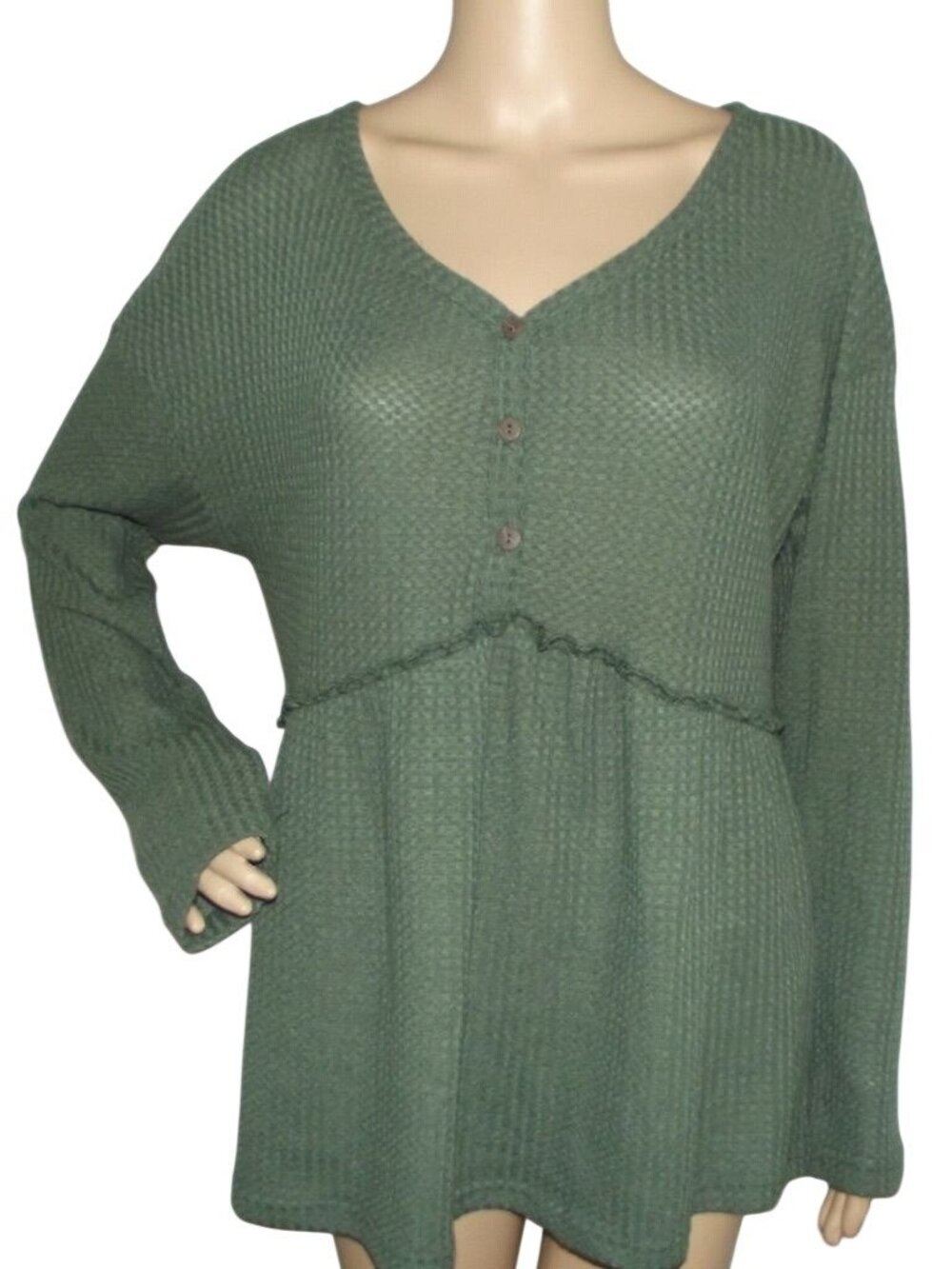 Pink M Style Shirt Womens Size Large Green Waffle Knit henley v-neck thermal
